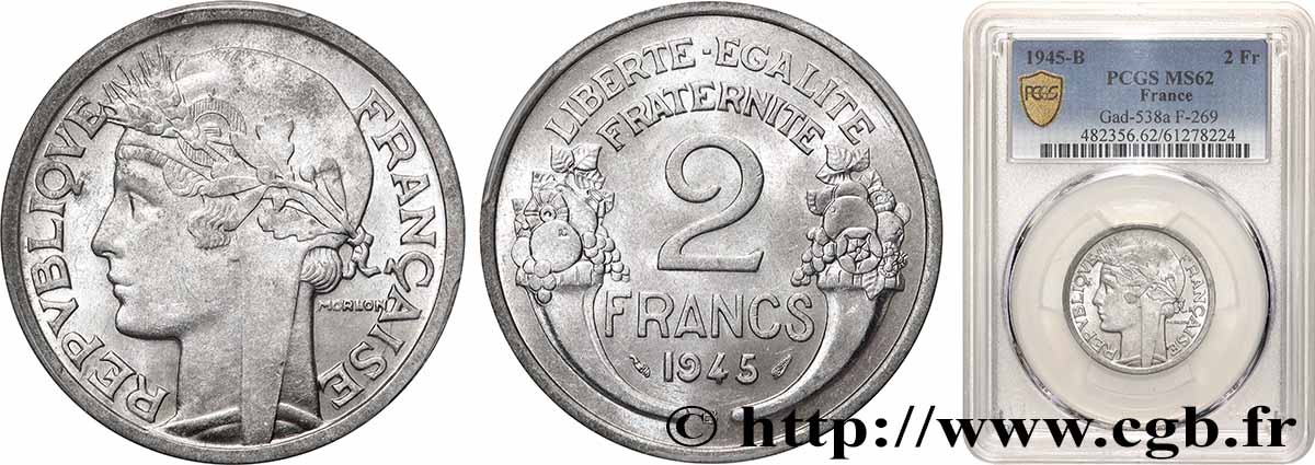2 francs Morlon, aluminium 1945 Beaumont-Le-Roger F.269/6 SUP62 PCGS