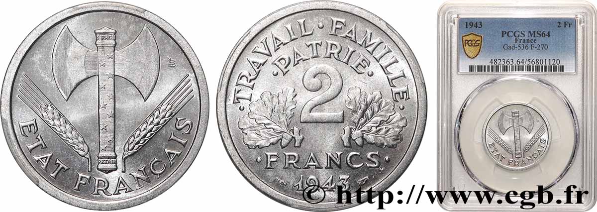 2 francs Francisque 1943  F.270/2 SPL64 PCGS