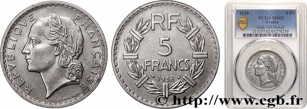 5 francs Lavrillier, nickel 1938  F.336/7 SUP62 PCGS