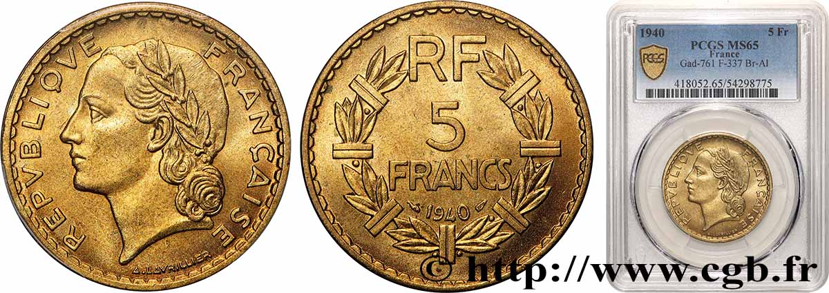 5 francs Lavrillier, bronze-aluminium 1940  F.337/4 FDC65 PCGS