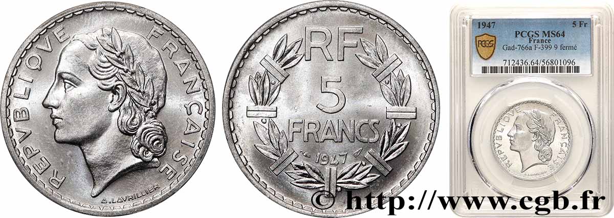 5 francs Lavrillier, aluminium 1947  F.339/10 SPL64 PCGS