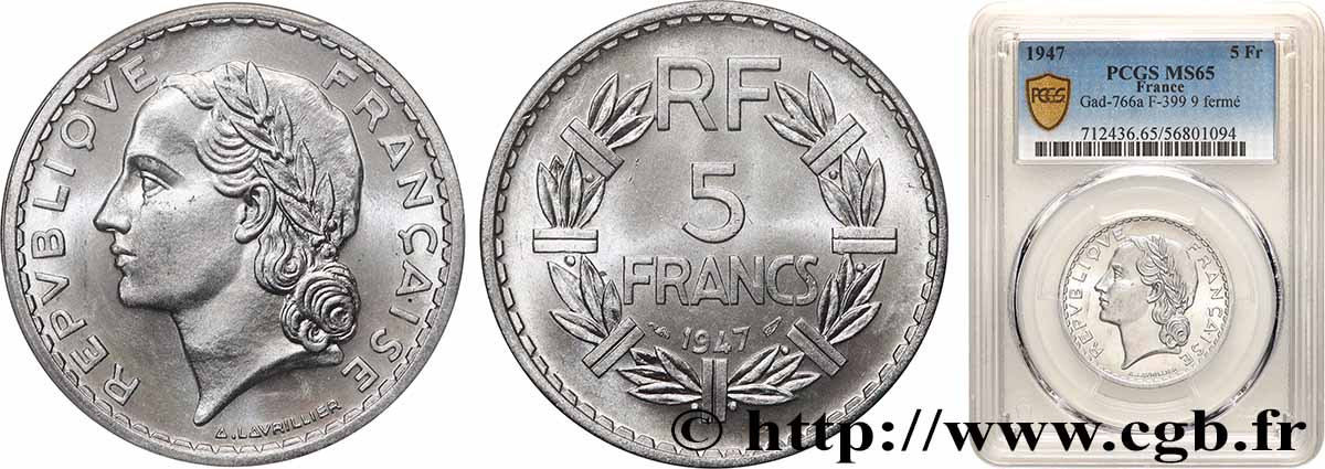 5 francs Lavrillier, aluminium 1947  F.339/10 FDC65 PCGS