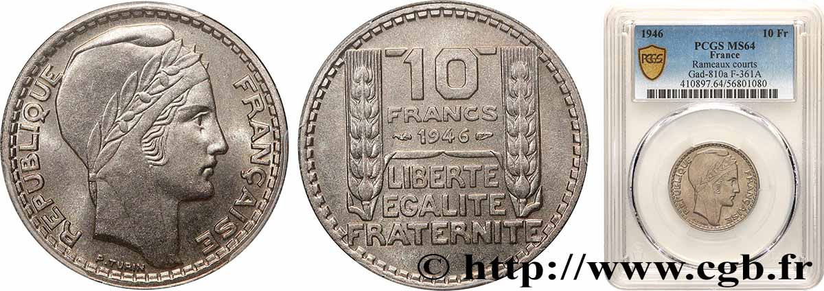 10 francs Turin, grosse tête, rameaux courts 1946  F.361A/2 SPL64 PCGS