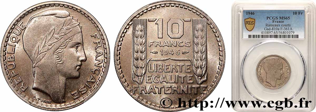 10 francs Turin, grosse tête, rameaux courts 1946  F.361A/2 FDC65 PCGS