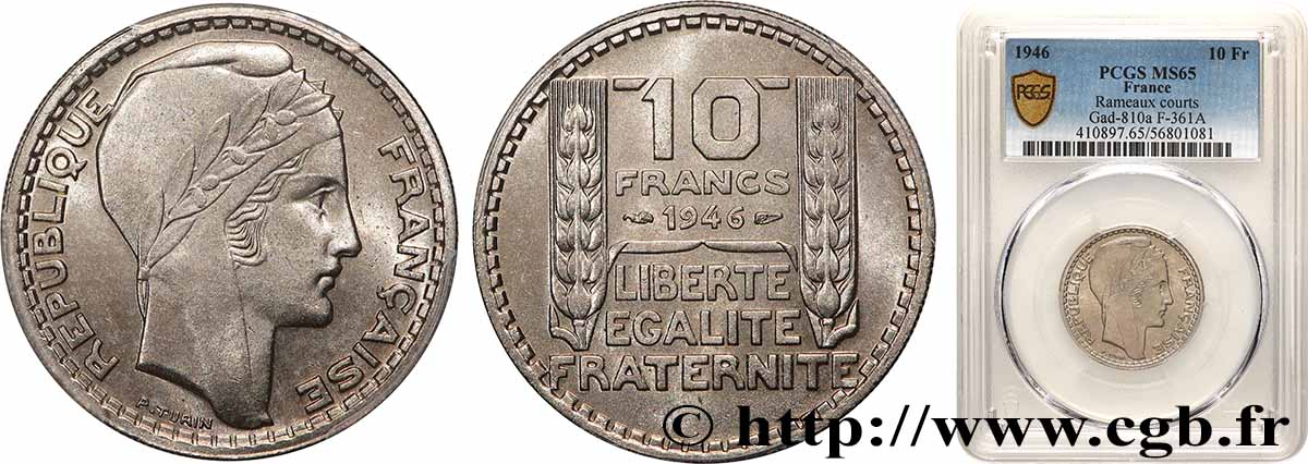 10 francs Turin, grosse tête, rameaux courts 1946  F.361A/2 FDC65 PCGS