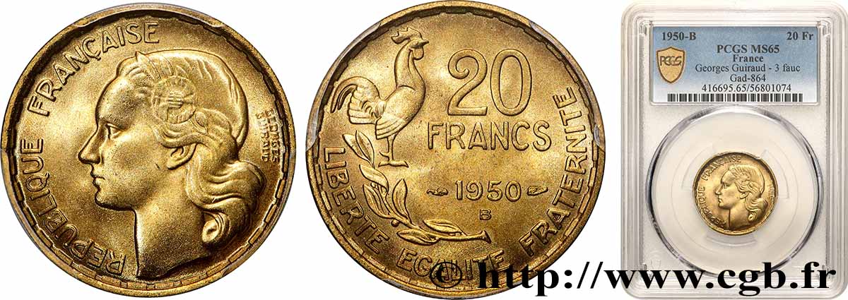 20 francs Georges Guiraud, 3 faucilles 1950 Beaumont-Le-Roger F.401/2 FDC65 PCGS