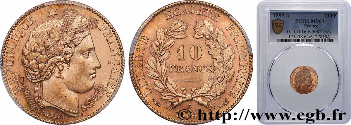 10 francs or Cérès, Troisième République 1899 Paris F.508/5 SPL64 PCGS