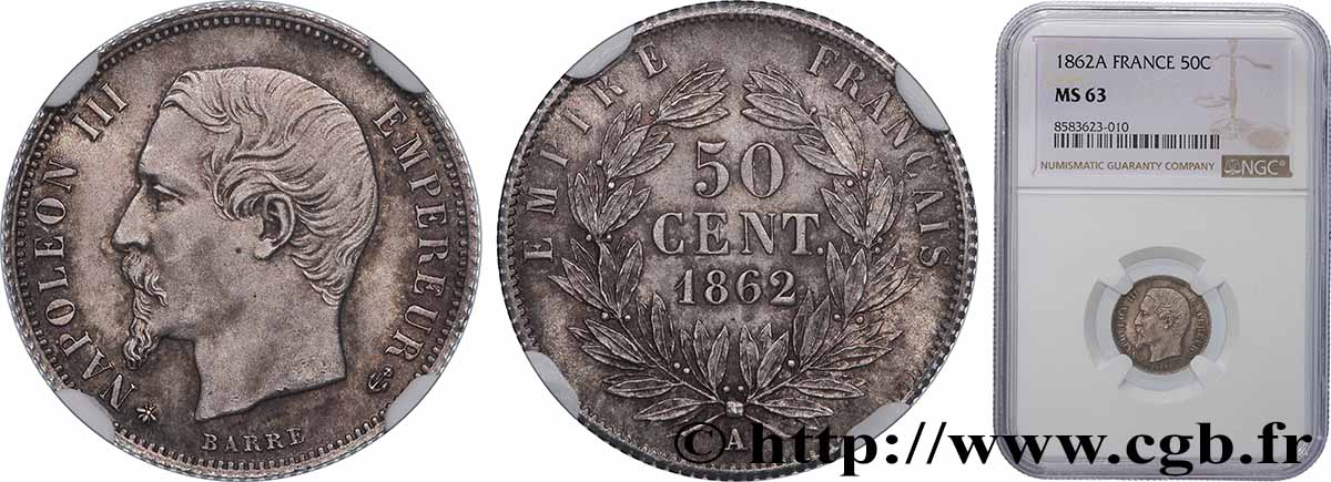 50 centimes Napoléon III, tête nue 1862 Paris F.187/16 SPL63 NGC