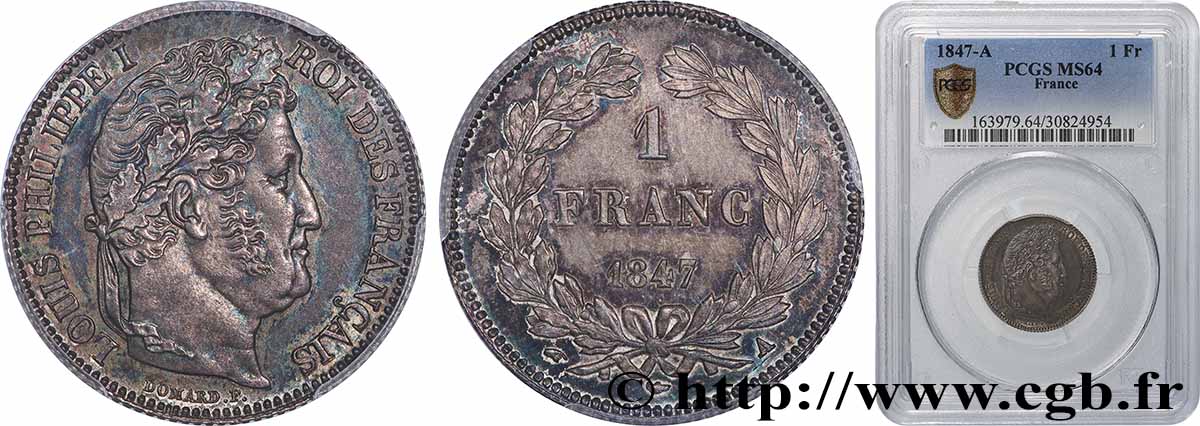 1 franc Louis-Philippe, couronne de chêne 1847 Paris F.210/110 SPL64 PCGS