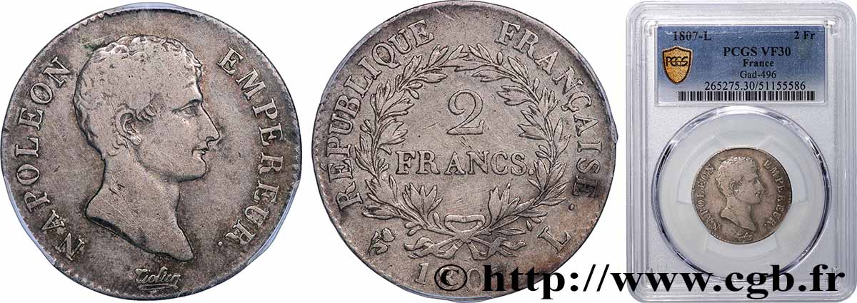 2 francs Napoléon Empereur, Calendrier grégorien 1807 Bayonne F.252/11 TB30 PCGS
