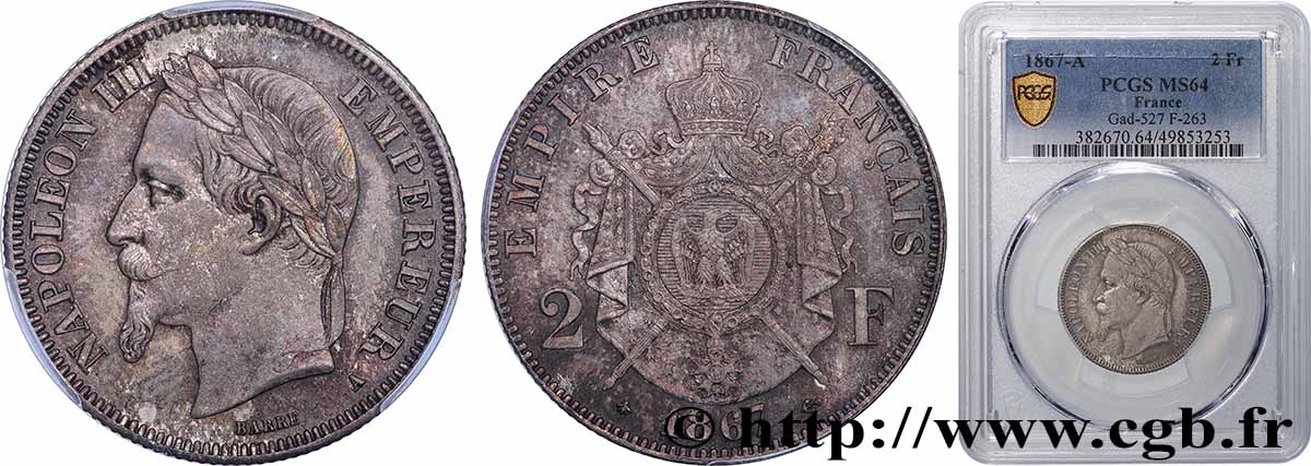 2 francs Napoléon III, tête laurée 1867 Paris F.263/5 SPL64 PCGS