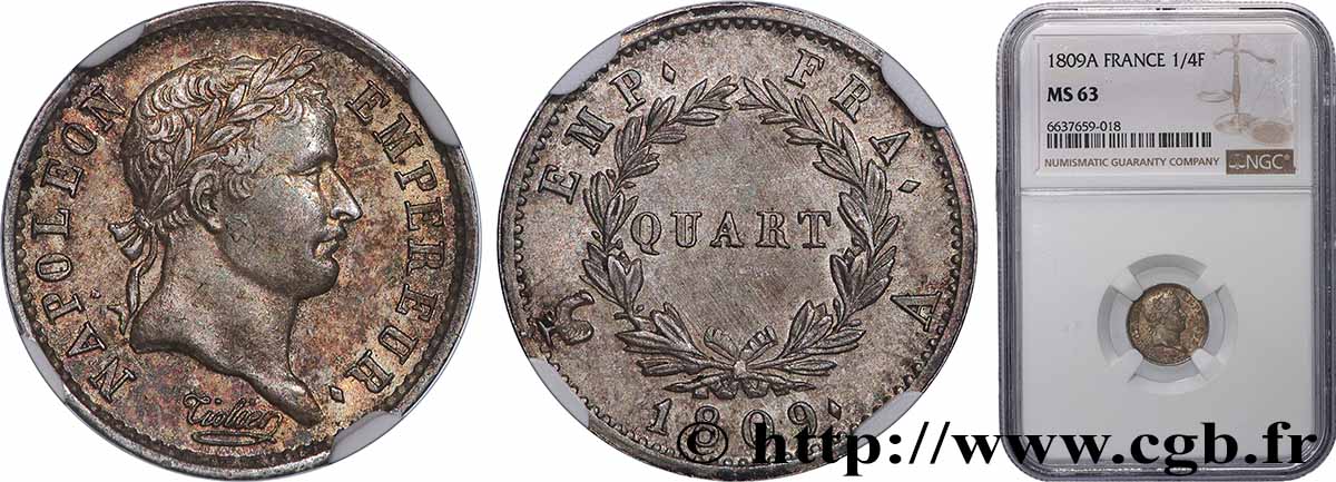Quart (de franc) Napoléon Ier tête laurée, Empire français 1809 Paris F.162/1 MS63 NGC