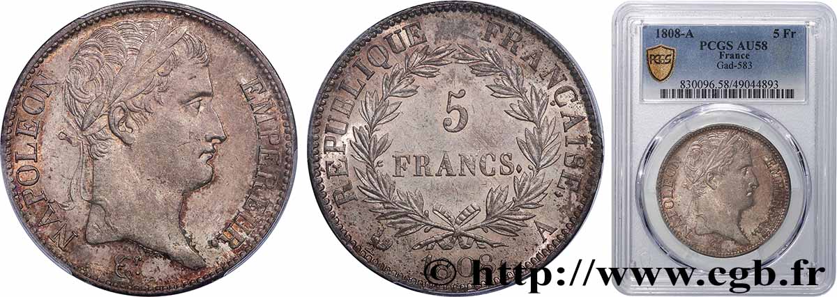 5 francs Napoléon Empereur, République française 1808 Paris F.306/2 VZ58 PCGS