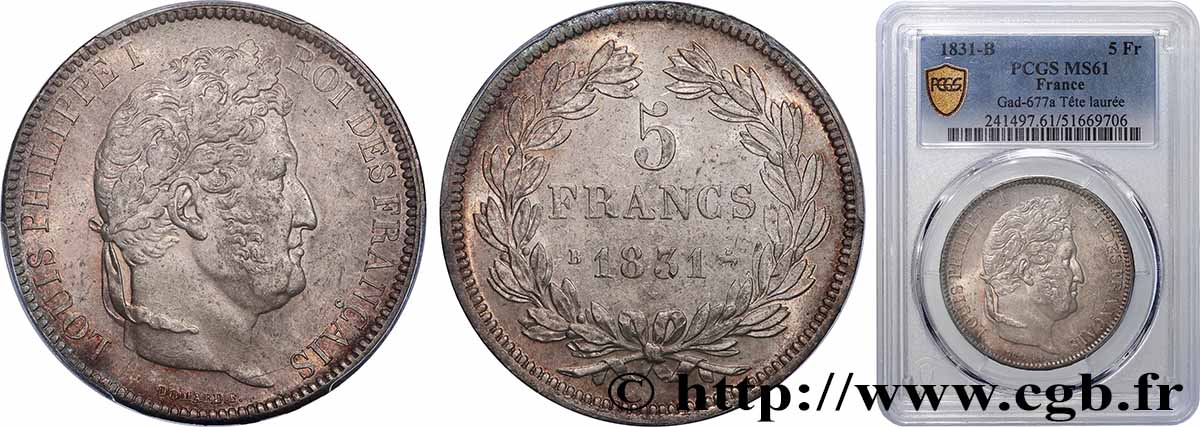 5 francs Ier type Domard, tranche en relief 1831 Rouen F.320/2 SUP61 PCGS