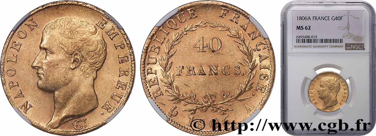 40 francs or Napoléon tête nue, Calendrier grégorien 1806 Paris F.538/1 SUP62 NGC