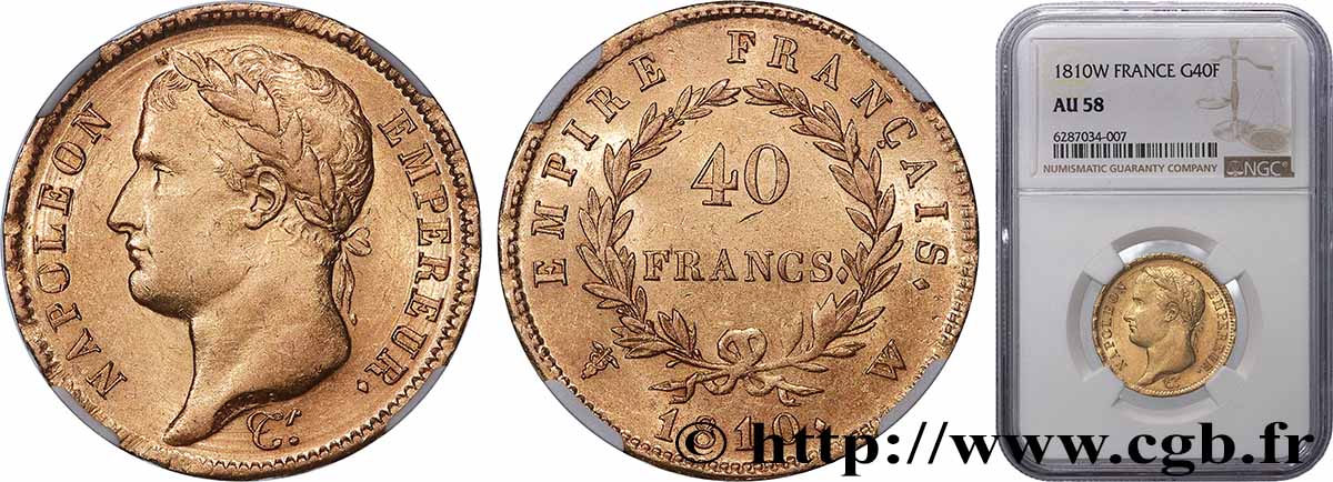 40 francs or Napoléon tête laurée, Empire français 1810 Lille F.541/5 SUP58 NGC