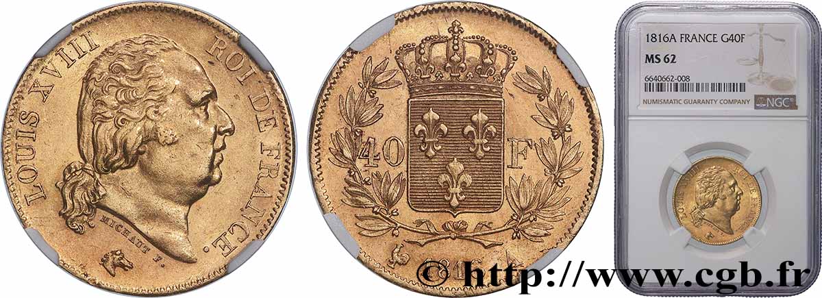 40 francs or Louis XVIII 1816 Paris F.542/1 SUP62 NGC