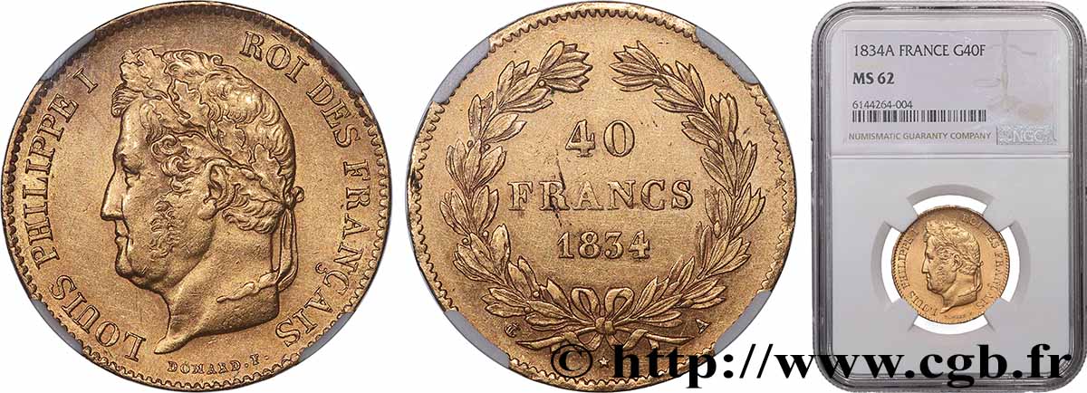 40 francs or Louis-Philippe 1834 Paris F.546/6 EBC62 NGC