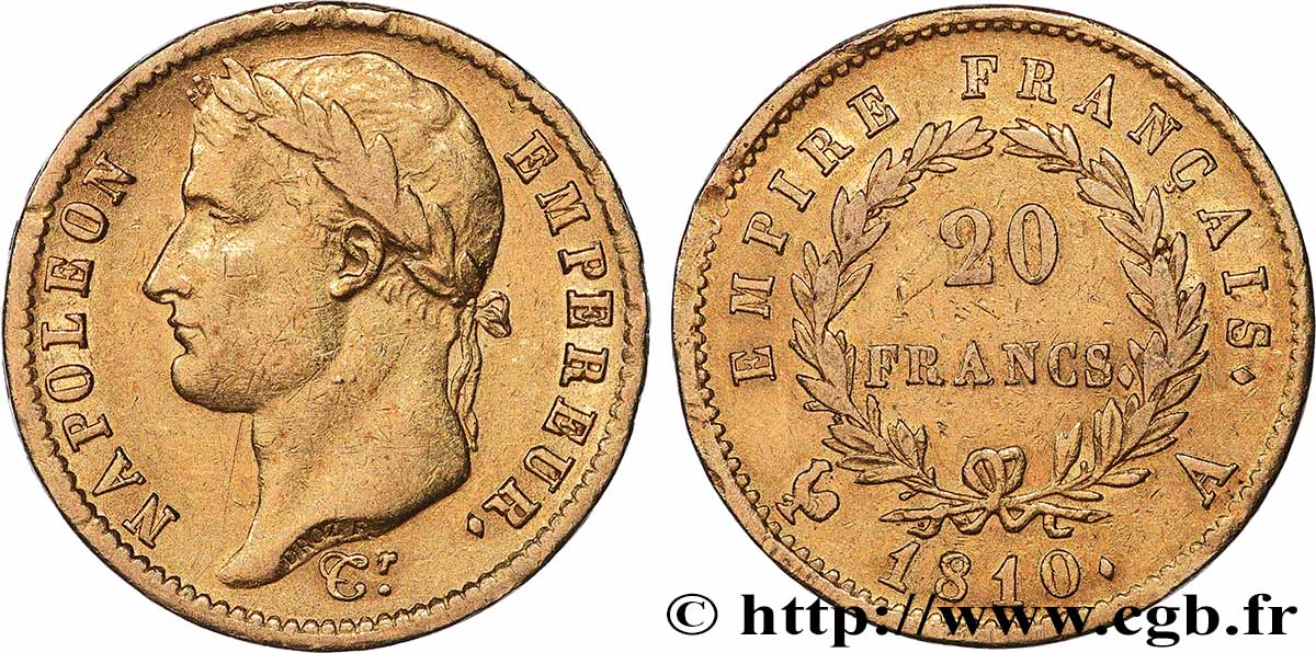 20 francs or Napoléon, tête laurée, Empire français 1810 Paris F.516/8 XF 