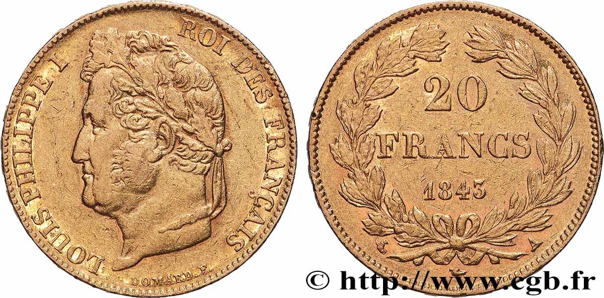 20 francs or Louis-Philippe, Domard 1843 Paris F.527/29 XF 