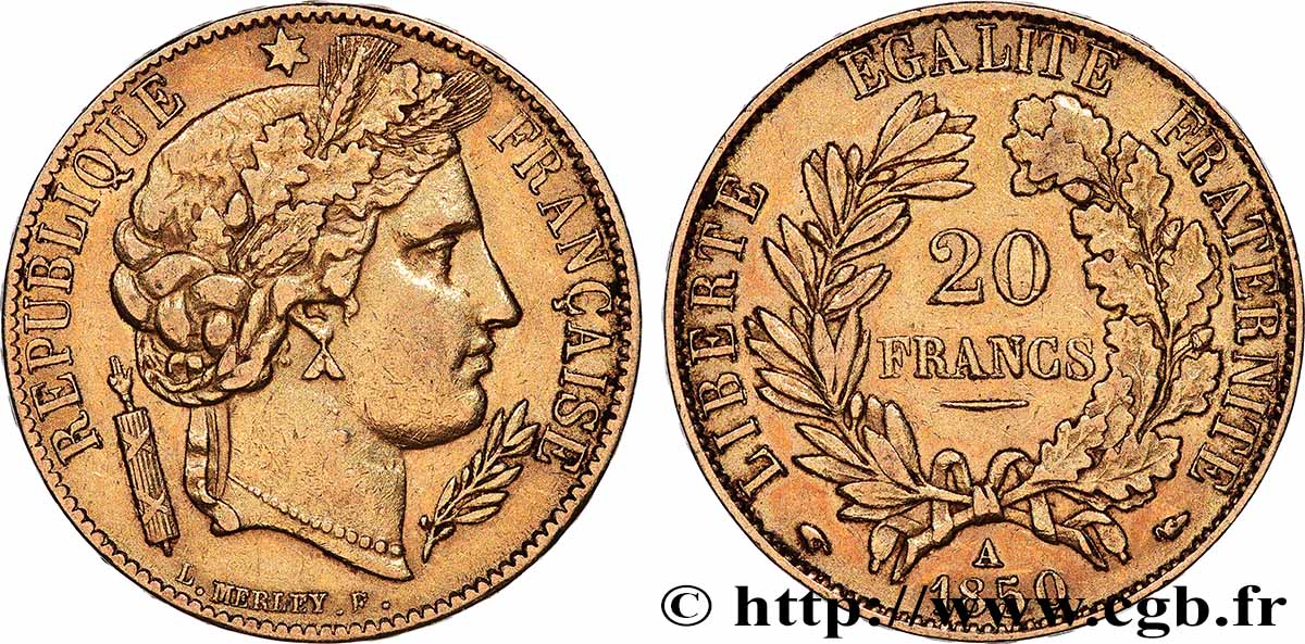 20 francs or Cérès 1850 Paris F.529/3 XF 