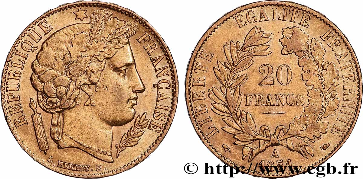 20 francs or Cérès 1851 Paris F.529/4 MBC+ 