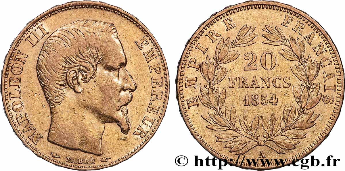 20 francs or Napoléon III, tête nue 1854 Paris F.531/2 XF 