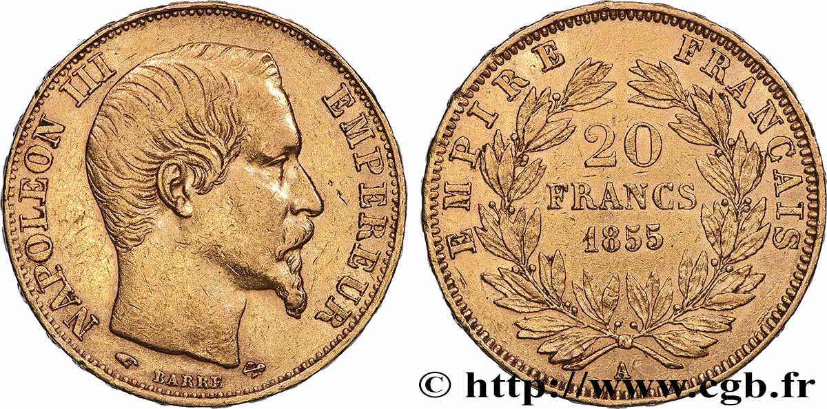20 francs or Napoléon III, tête nue 1855 Paris F.531/4 TTB 