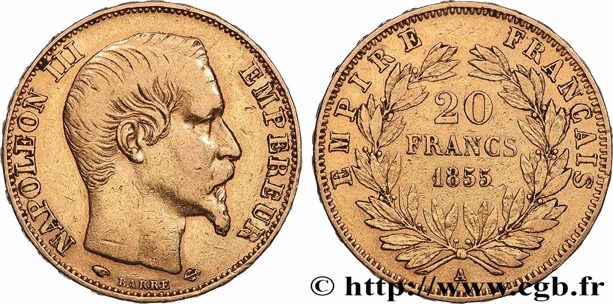 20 francs or Napoléon III, tête nue 1855 Paris F.531/4 fSS 