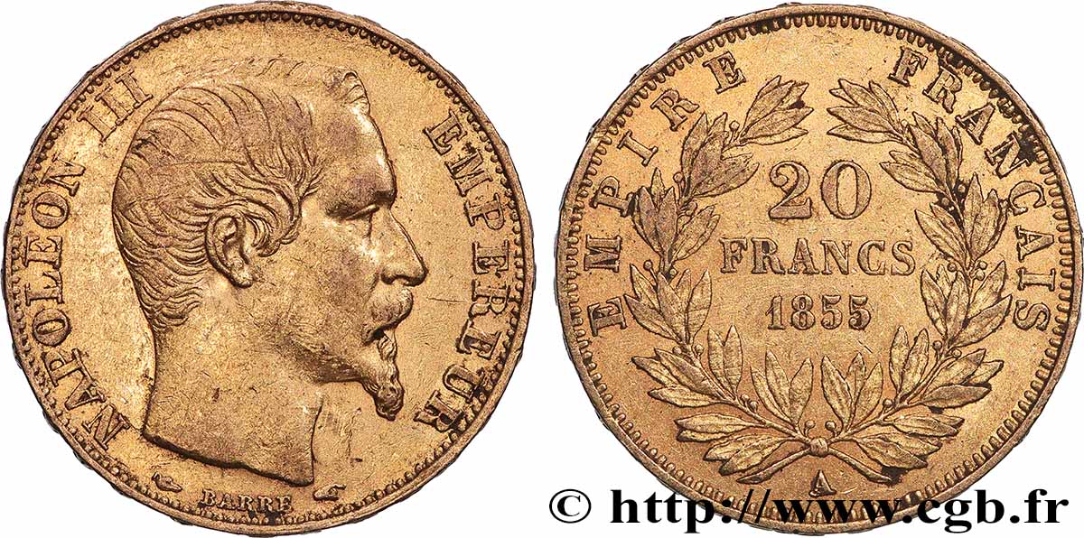 20 francs or Napoléon III, tête nue 1855 Paris F.531/3 TTB 