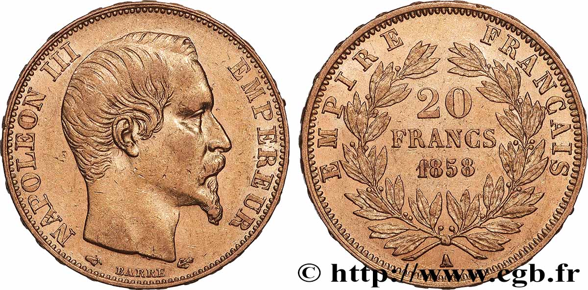 20 francs or Napoléon III, tête nue 1858 Paris F.531/13 TTB+ 