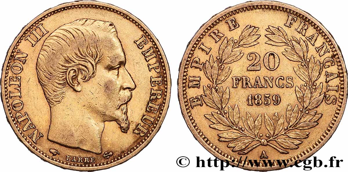 20 francs or Napoléon III, tête nue 1859 Paris F.531/15 XF 