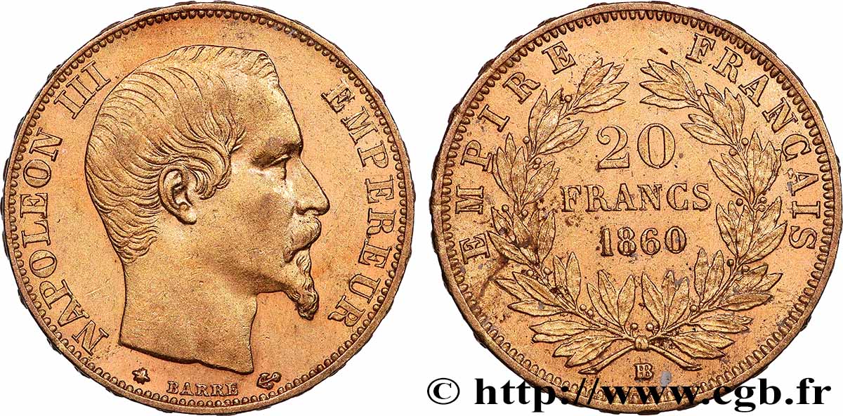 20 francs or Napoléon III, tête nue 1860 Strasbourg F.531/20 AU 