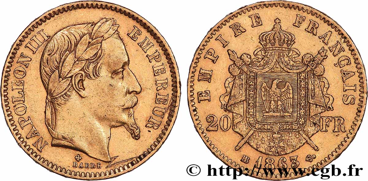 20 francs or Napoléon III, tête laurée 1863 Strasbourg F.532/7 XF 