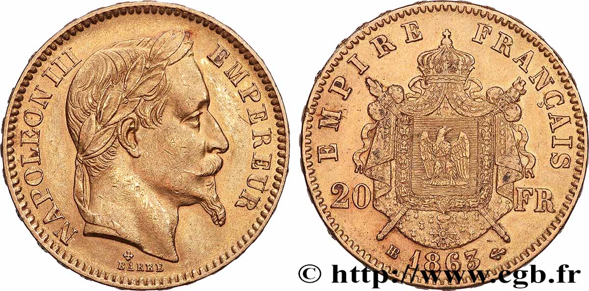 20 francs or Napoléon III, tête laurée 1863 Strasbourg F.532/7 XF 