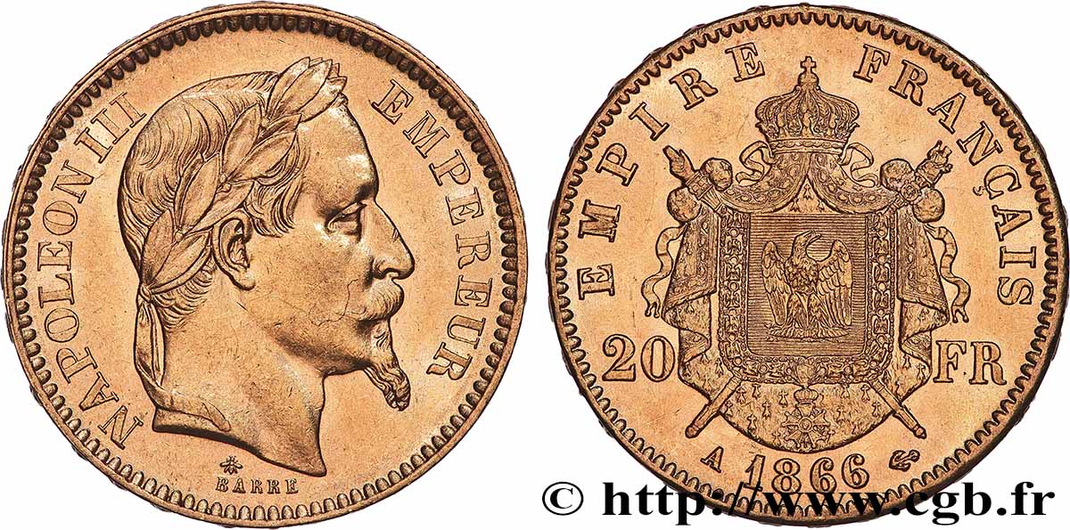 20 francs or Napoléon III, tête laurée 1866 Paris F.532/13 EBC 