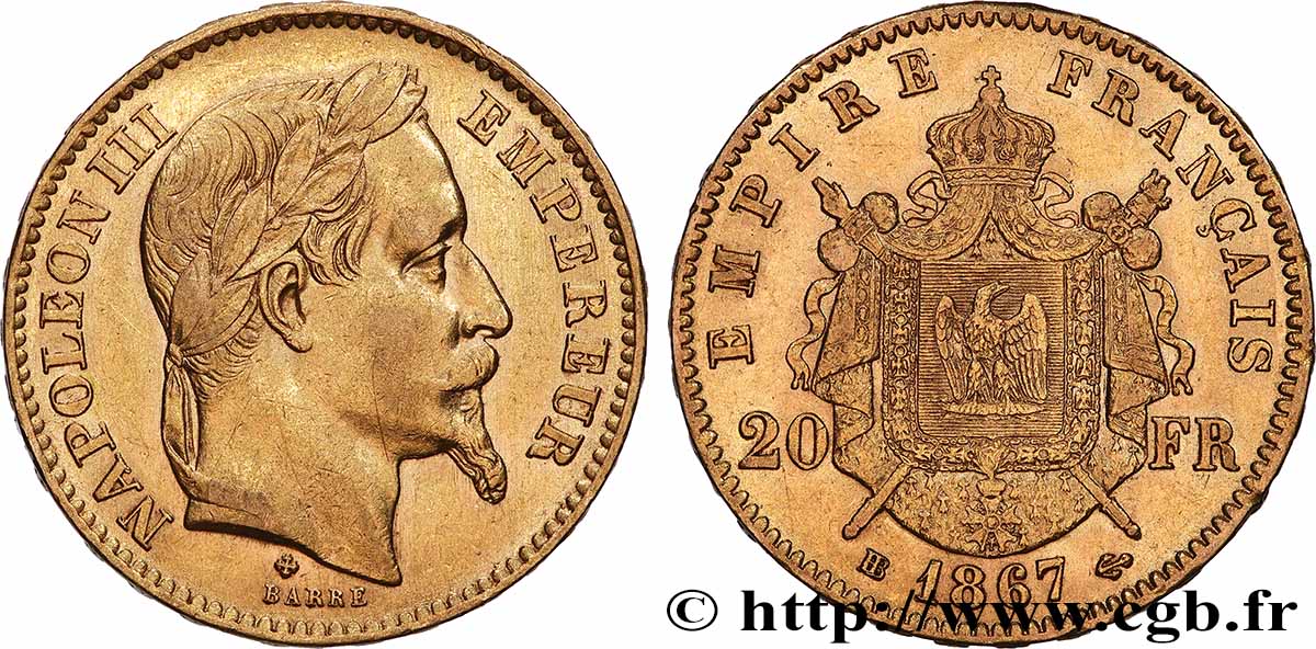20 francs or Napoléon III, tête laurée, petit BB 1867 Strasbourg F.532/16 XF 