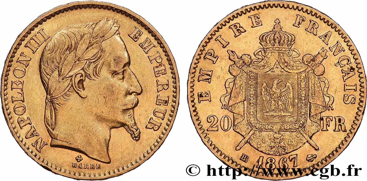 20 francs or Napoléon III, tête laurée, petit BB 1867 Strasbourg F.532/16 AU 