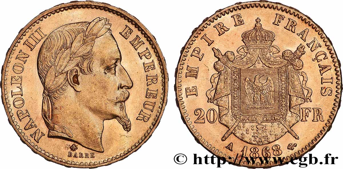 20 francs or Napoléon III, tête laurée 1868 Paris F.532/18 SUP+ 