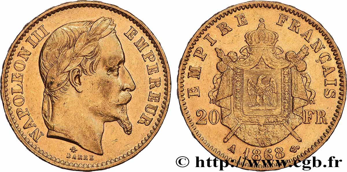 20 francs or Napoléon III, tête laurée 1868 Paris F.532/18 MBC 
