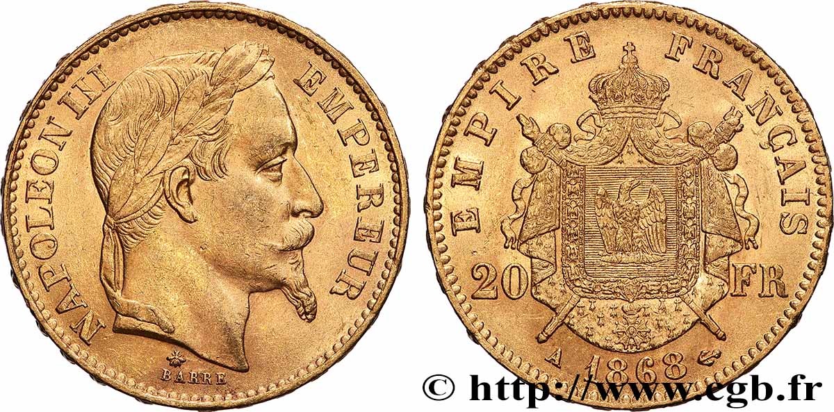 20 francs or Napoléon III, tête laurée 1868 Paris F.532/18 AU 