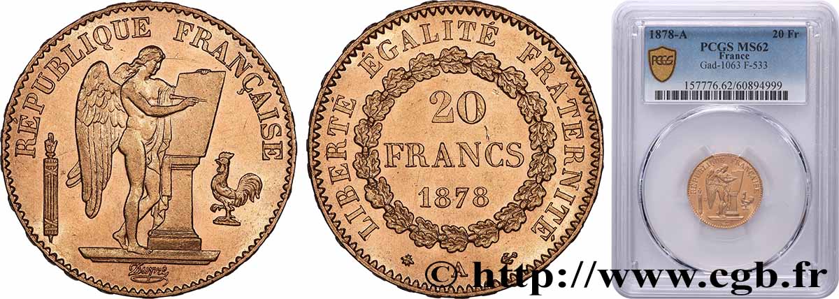 20 francs génie, Troisième république 1878 Paris F.533/6 VZ62 PCGS