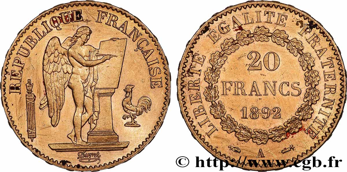 20 francs or Génie, Troisième République 1892 Paris F.533/16 XF 