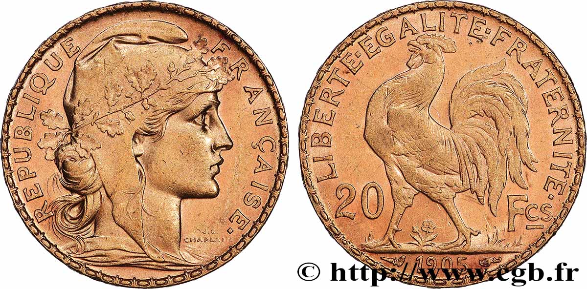 20 francs or Coq, Dieu protège la France 1905 Paris F.534/10 AU 
