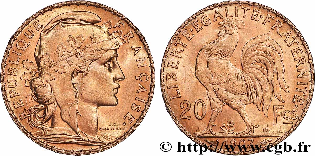 20 francs or Coq, Liberté Égalité Fraternité 1907 Paris F.535/1 SPL 