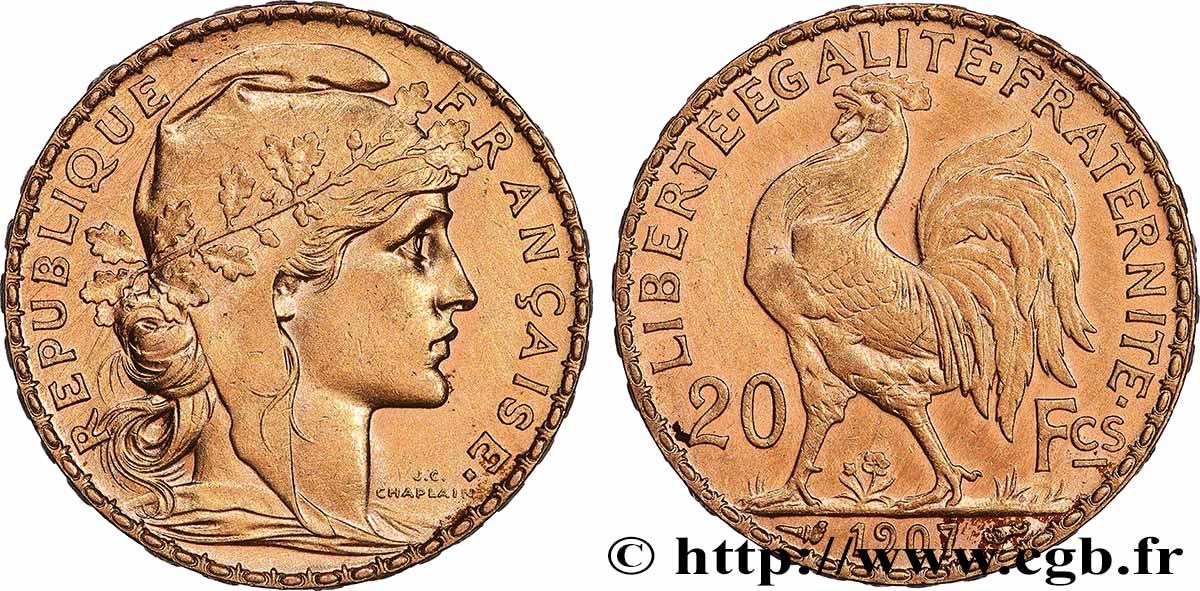 20 francs or Coq, Liberté Égalité Fraternité 1907 Paris F.535/1 XF 