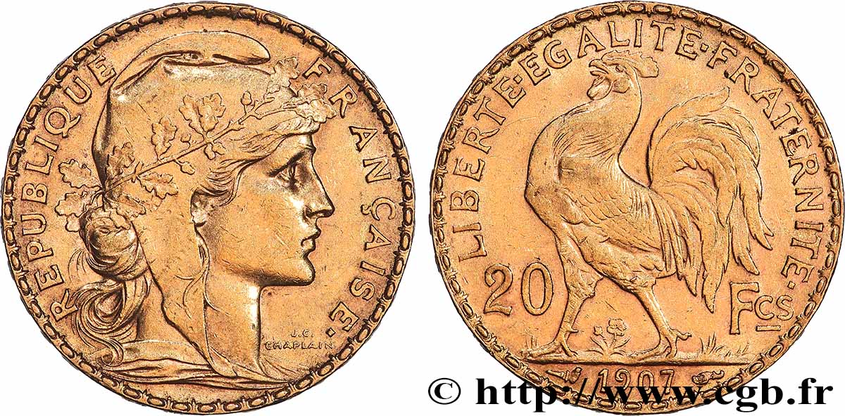 20 francs or Coq, Liberté Égalité Fraternité 1907 Paris F.535/1 TTB+ 