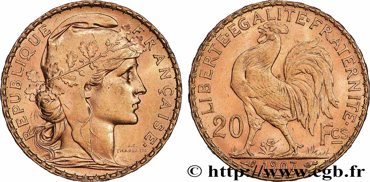 20 francs or Coq, Liberté Égalité Fraternité 1907 Paris F.535/1 MS 
