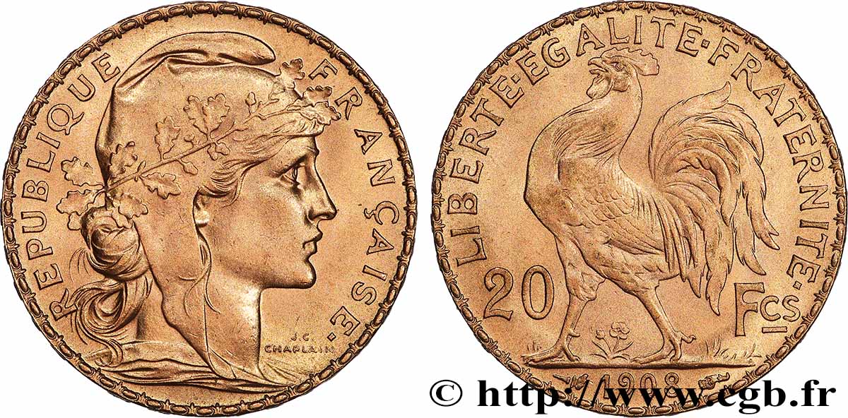 20 francs or Coq, Liberté Égalité Fraternité 1908 Paris F.535/2 MS 