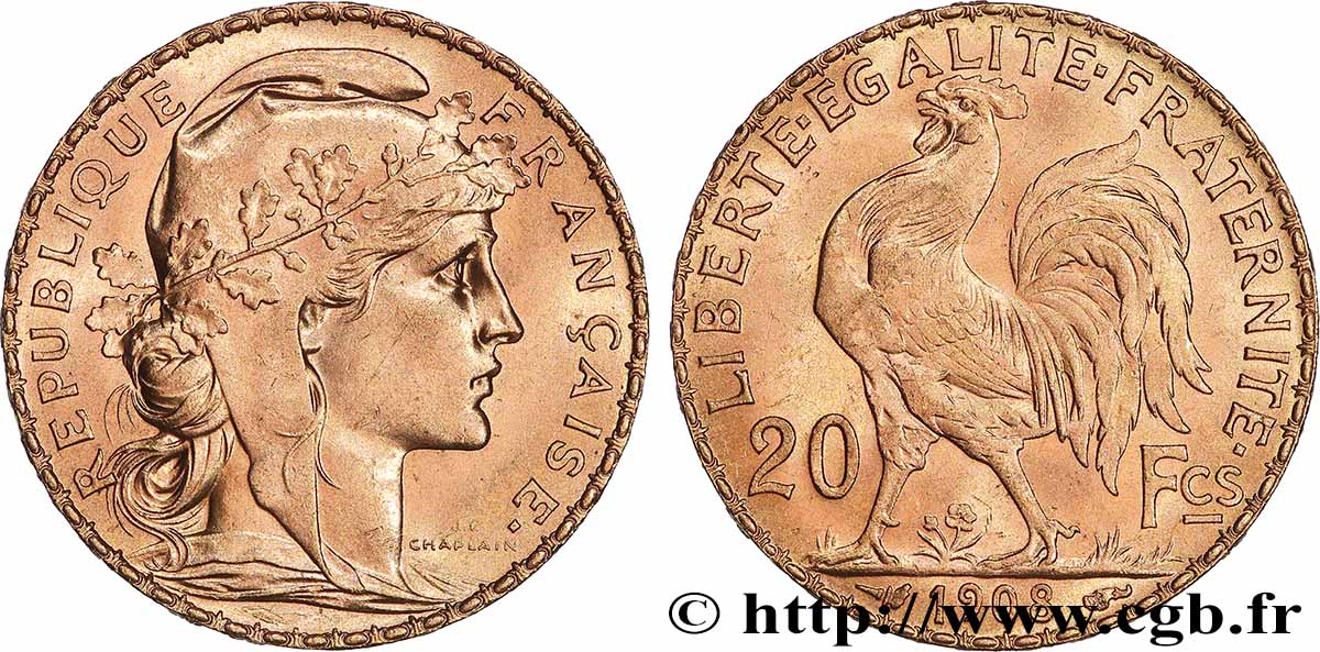 20 francs or Coq, Liberté Égalité Fraternité 1908 Paris F.535/2 MS 